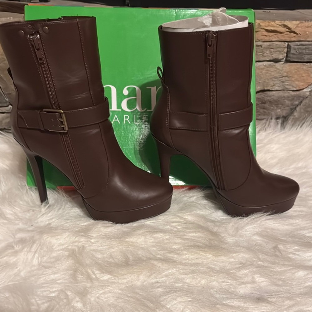 Charles David Brown Heeled Boots with Buckle Detail